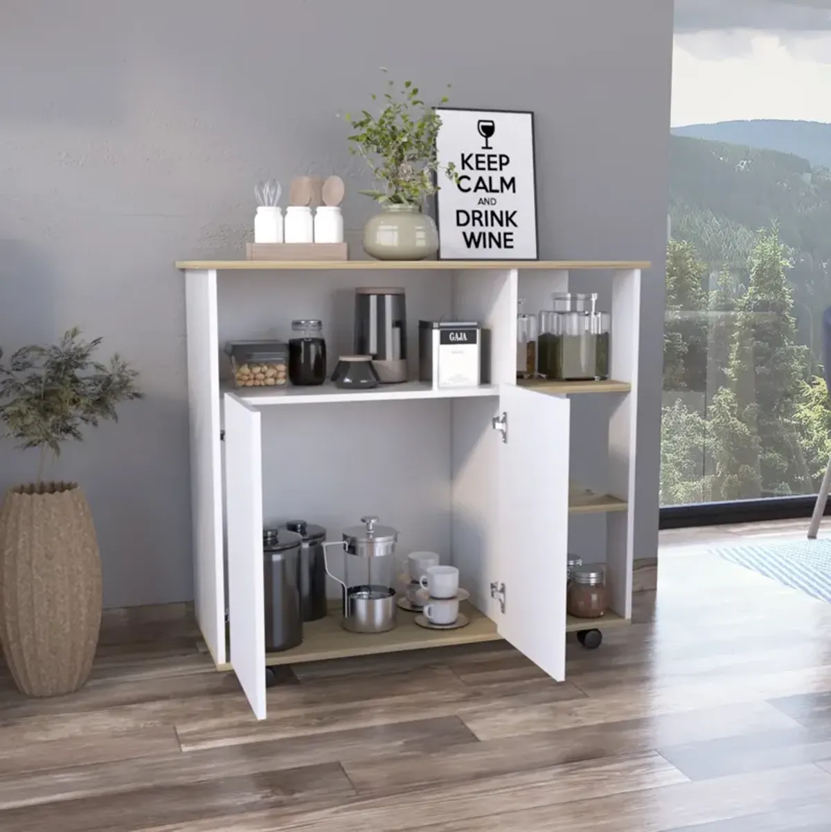 Paprika Kitchen Cart, Four Casters, Four Open Shelves, Double Door Cabinet - Light Oak White