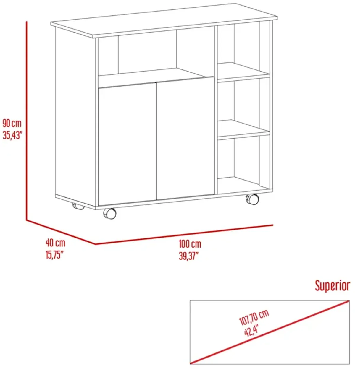 Paprika Kitchen Cart, Four Casters, Four Open Shelves, Double Door Cabinet - Light Oak White