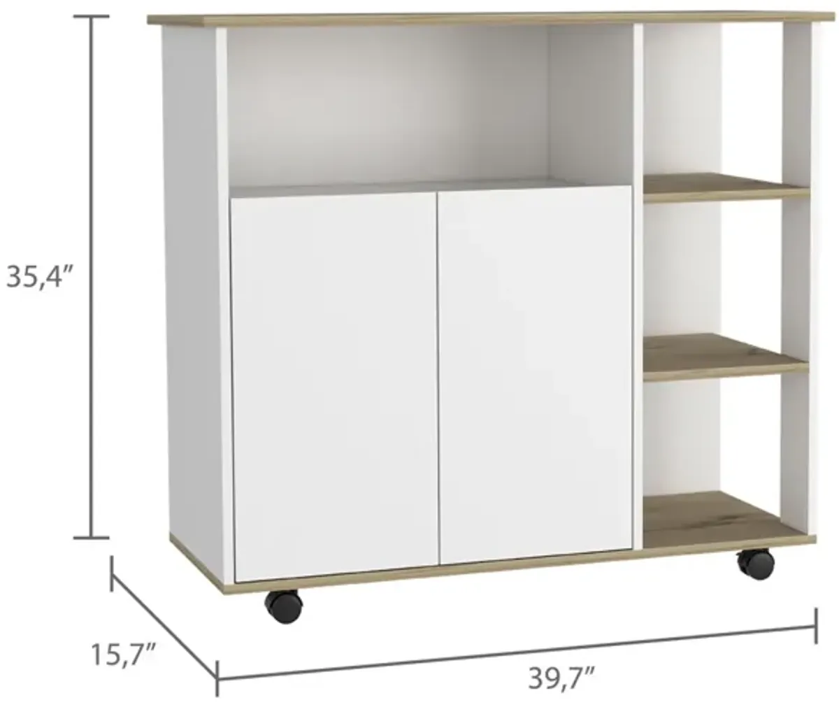 Paprika Kitchen Cart, Four Casters, Four Open Shelves, Double Door Cabinet - Light Oak White