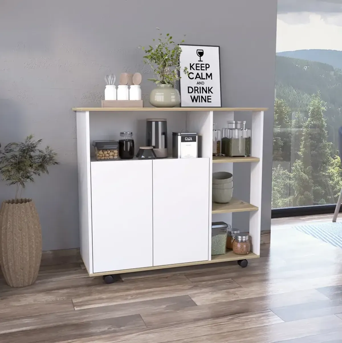 Paprika Kitchen Cart, Four Casters, Four Open Shelves, Double Door Cabinet - Light Oak White