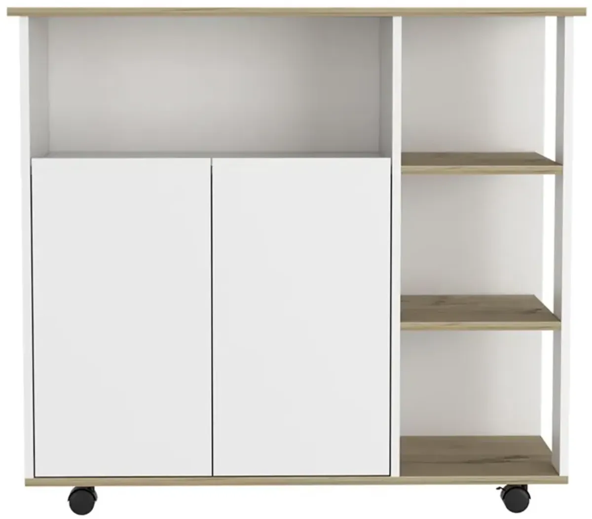 Paprika Kitchen Cart, Four Casters, Four Open Shelves, Double Door Cabinet - Light Oak White