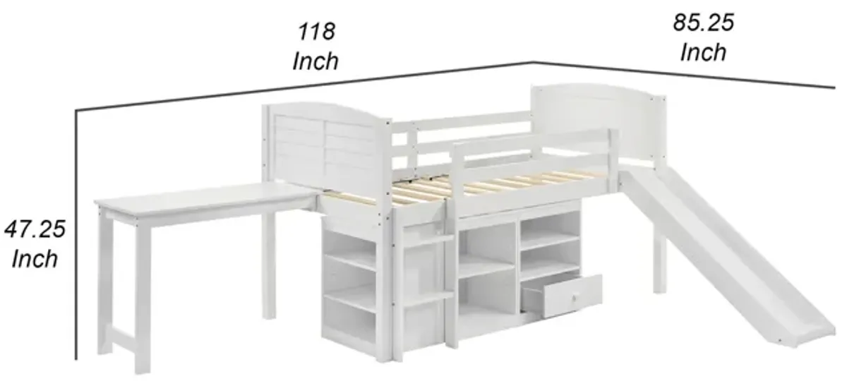 Twin Workstation Loft Bed with Open Shelves and Desk, White Wood - Benzara