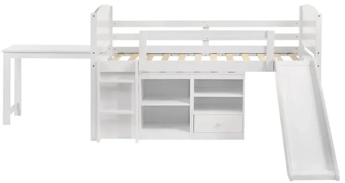 Twin Workstation Loft Bed with Open Shelves and Desk, White Wood - Benzara