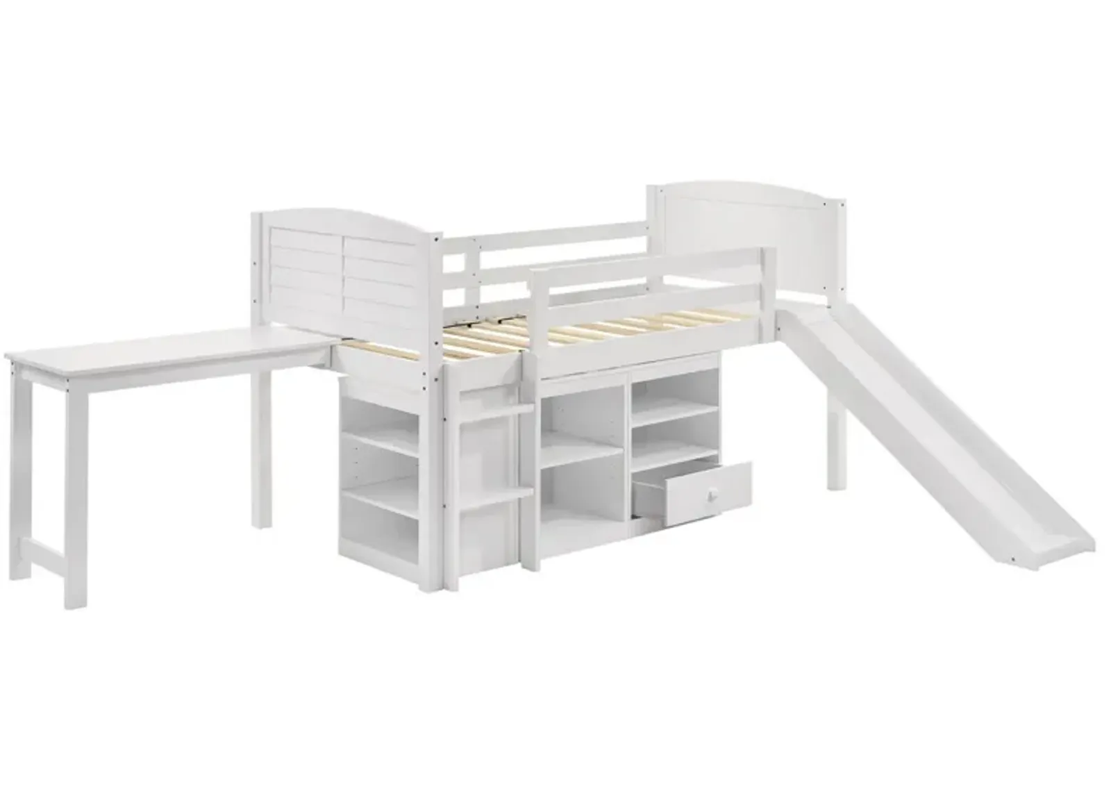 Twin Workstation Loft Bed with Open Shelves and Desk, White Wood - Benzara