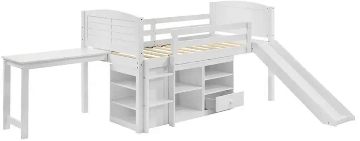 Twin Workstation Loft Bed with Open Shelves and Desk, White Wood - Benzara