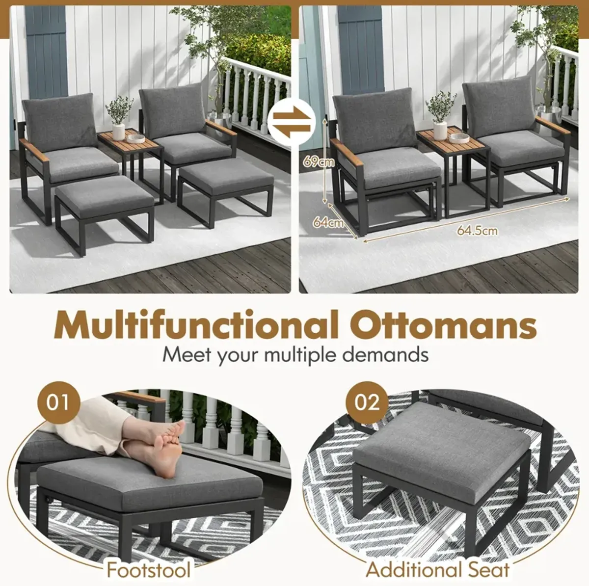 5 Pieces Aluminum Frame Weatherproof Outdoor Conversation Set with Soft Cushions