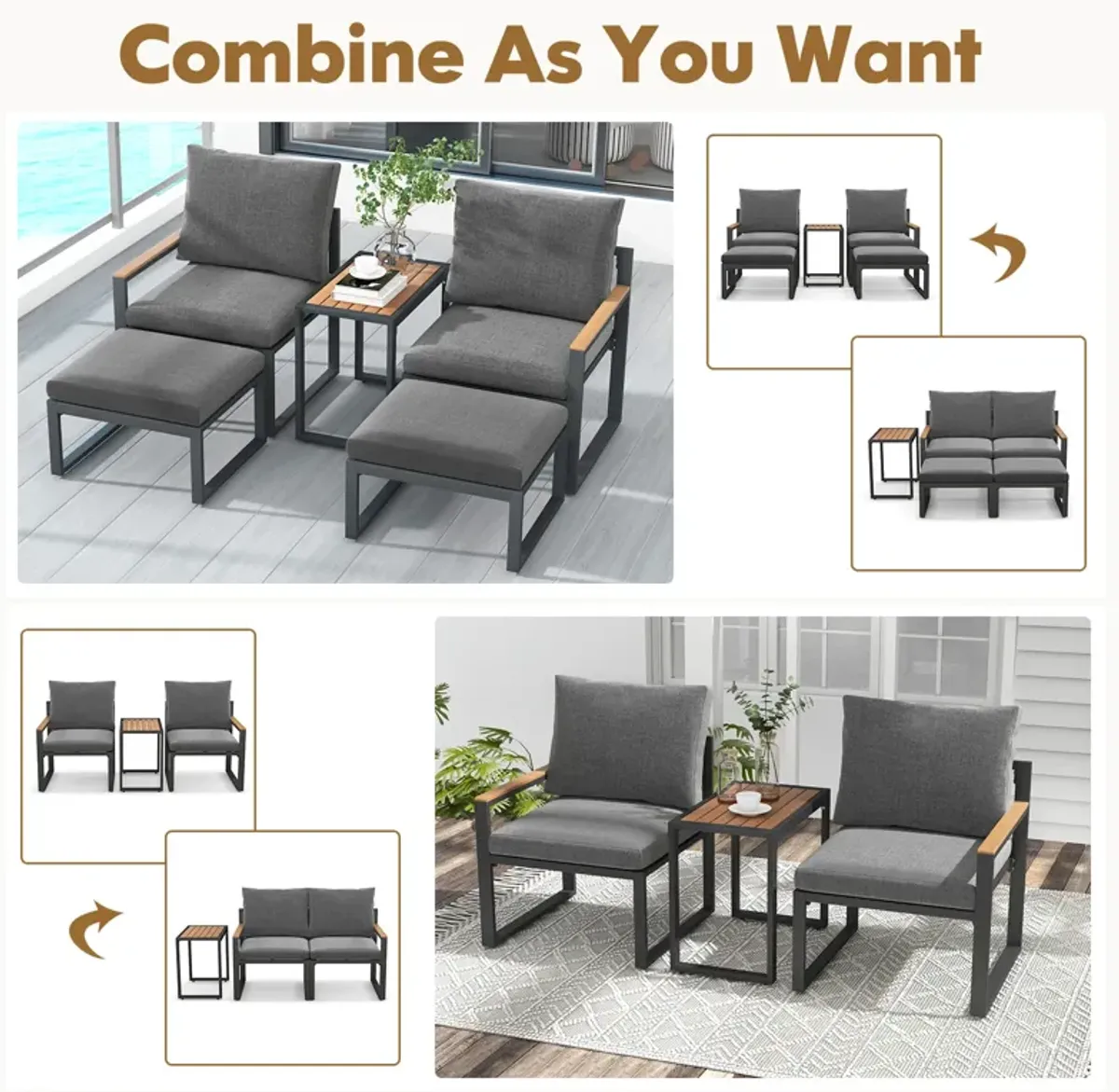 5 Pieces Aluminum Frame Weatherproof Outdoor Conversation Set with Soft Cushions