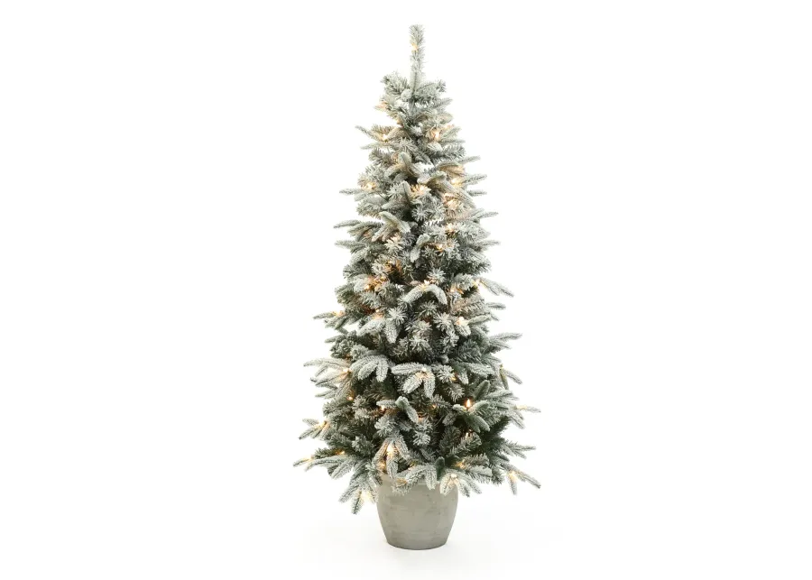 LuxenHome 5Ft Pre-Lit Snow Flocked Slim Fir Potted Artificial Christmas Tree