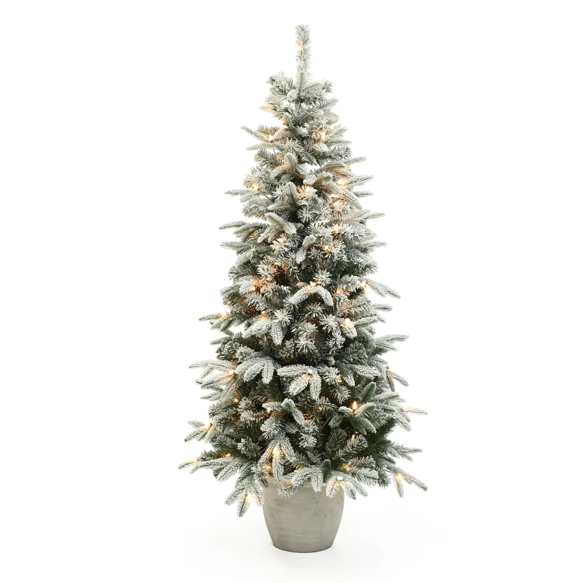 LuxenHome 5Ft Pre-Lit Snow Flocked Slim Fir Potted Artificial Christmas Tree