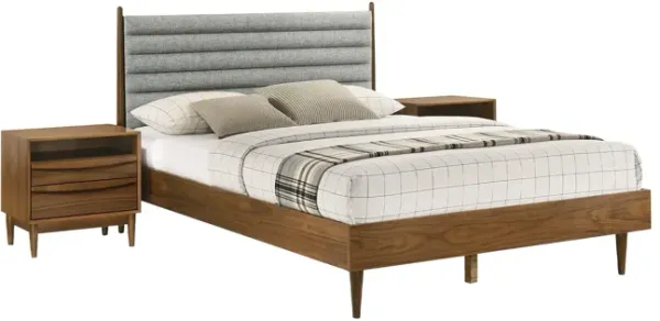 Benjara Mian Bedroom 3 pcs Set, Queen Platform Bed and Nightstand, Walnut, Brown and Gray