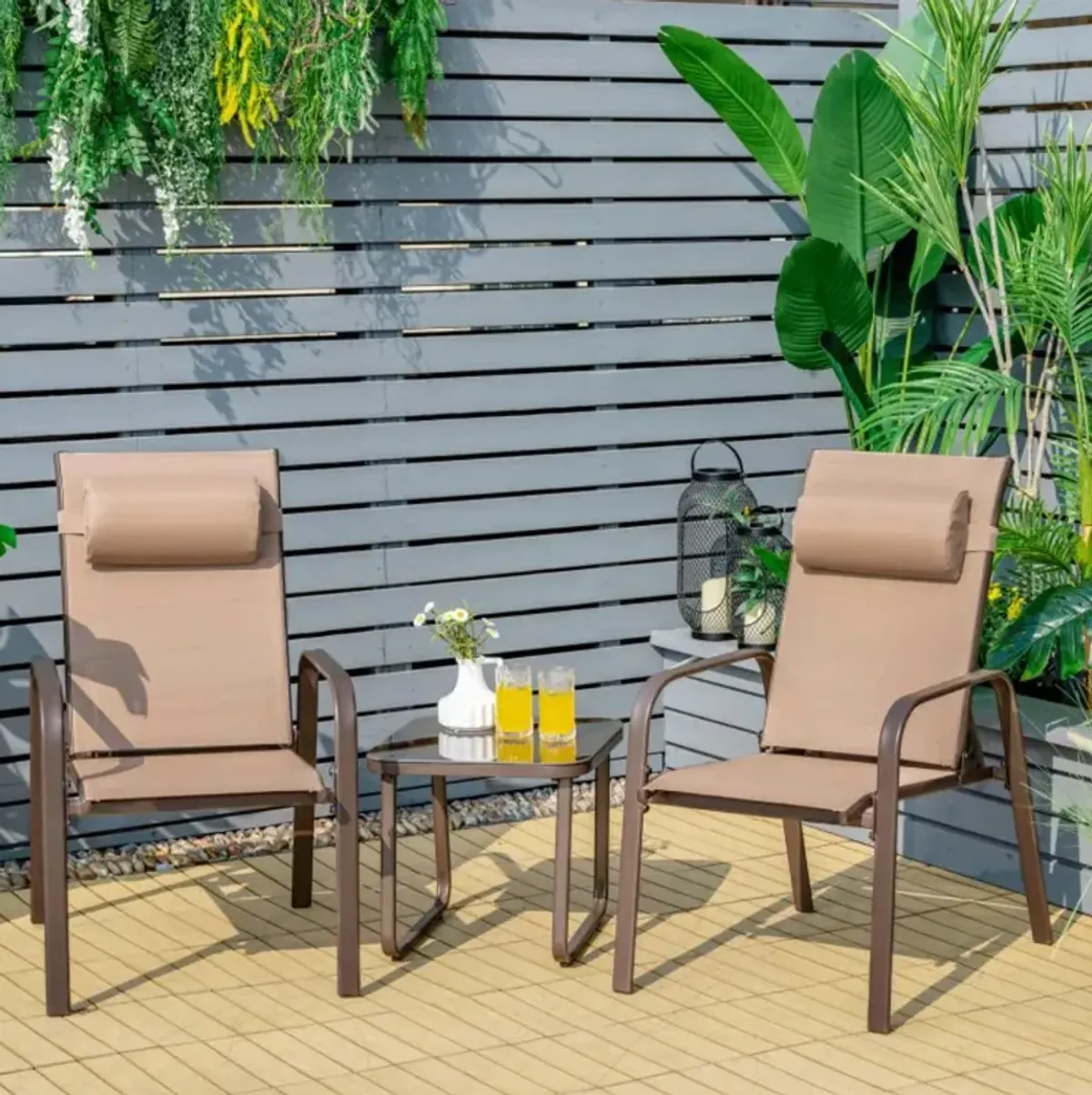 Hivvago 3 Pieces Stackable Patio Bistro Conversation Set with Adjustable Backrest