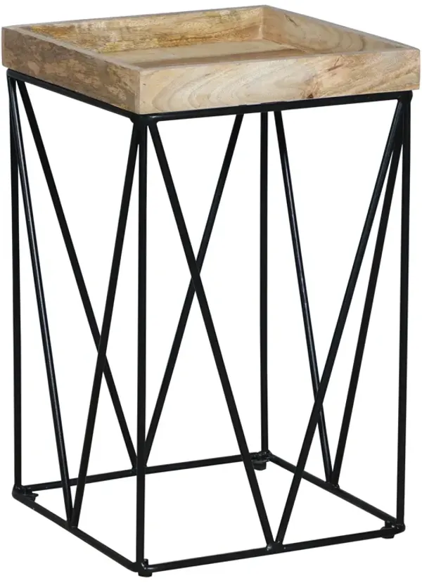 24 Inch Industrial End Side Table, Mango Wood Square Tray Top, V Shape Iron Accent, Brown, Black-Benzara