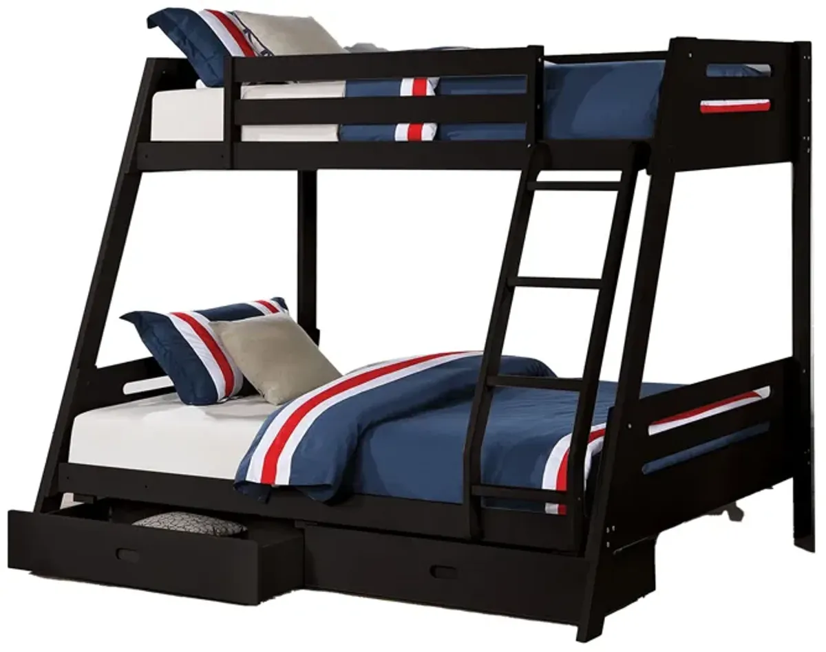 Emily Twin Over Full Bunk Bed with Ladder, 2 Drawers, Black Solid Wood