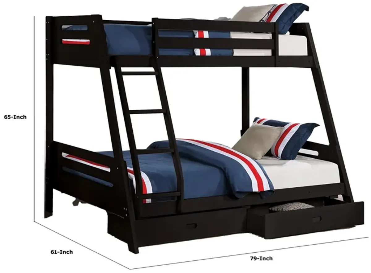 Emily Twin Over Full Bunk Bed with Ladder, 2 Drawers, Black Solid Wood