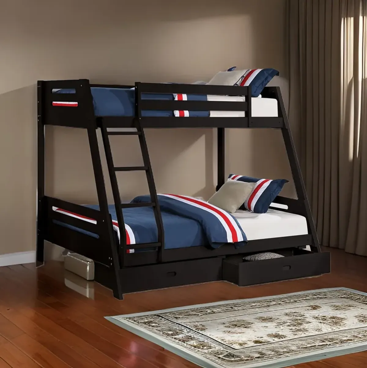 Emily Twin Over Full Bunk Bed with Ladder, 2 Drawers, Black Solid Wood