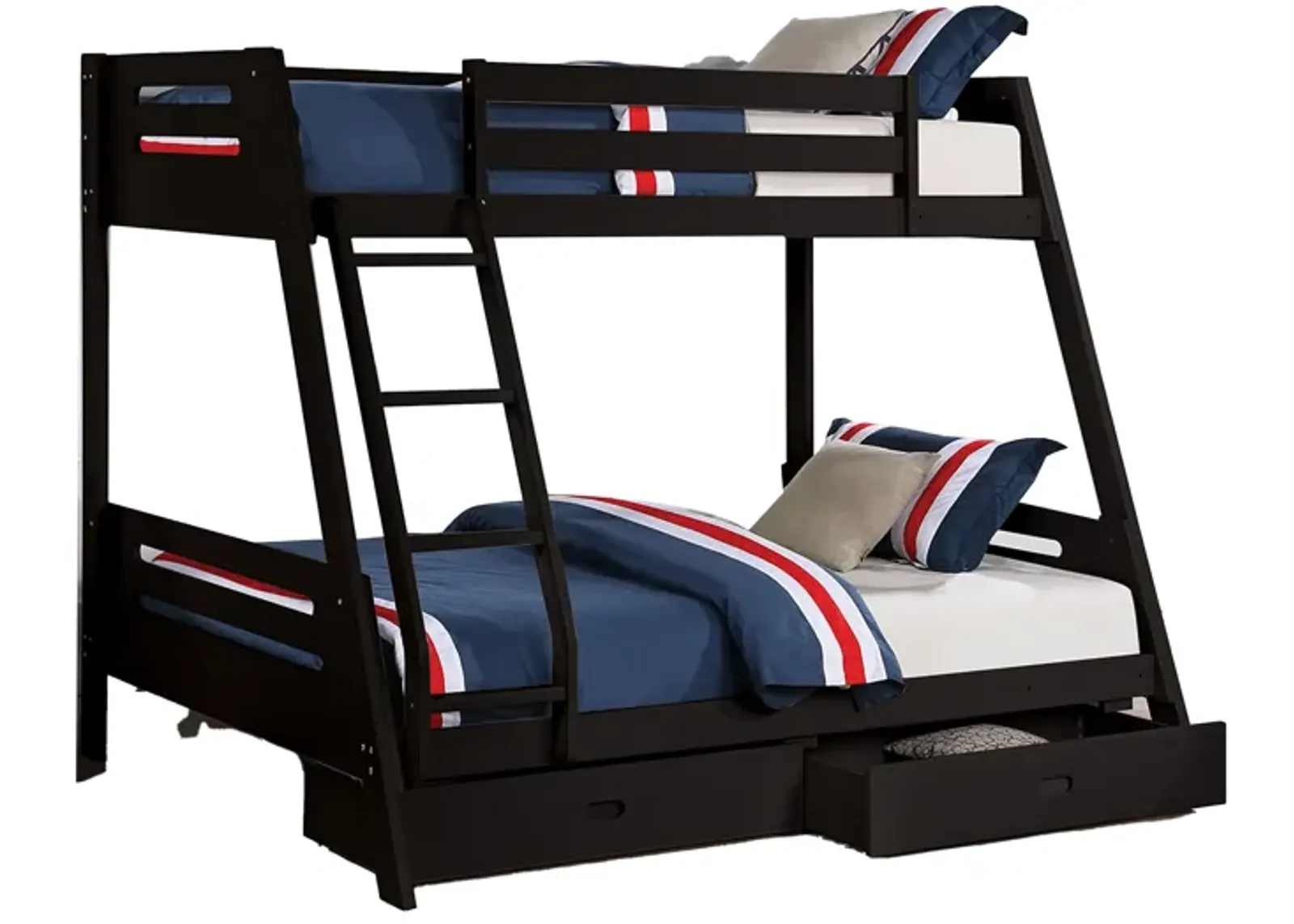 Emily Twin Over Full Bunk Bed with Ladder, 2 Drawers, Black Solid Wood