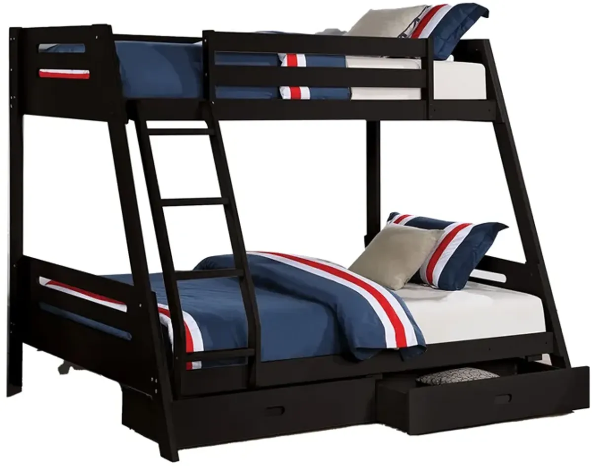 Emily Twin Over Full Bunk Bed with Ladder, 2 Drawers, Black Solid Wood