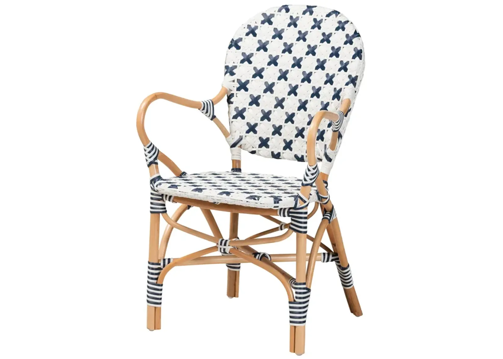 Bali & Pari Bryson Modern French Blue and White Weaving and Natural Rattan Bistro Chair