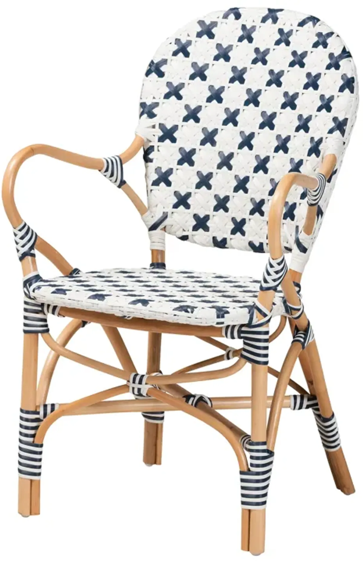 Bali & Pari Bryson Modern French Blue and White Weaving and Natural Rattan Bistro Chair