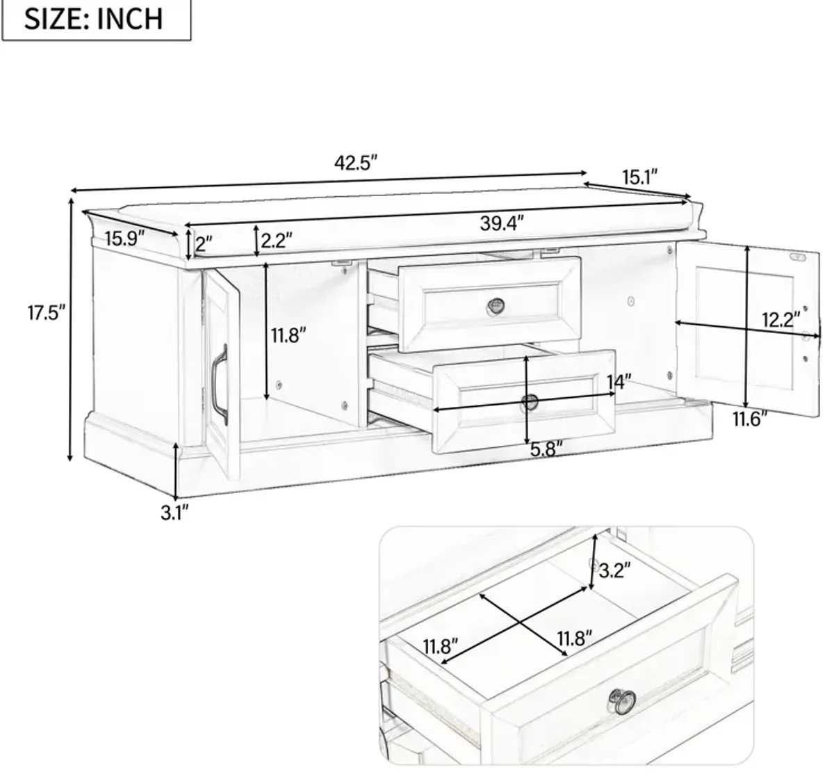 Gewnee Storage Bench with 2 Drawers and 2 Cabinets, Shoe Bench with Removable Cushion for Living Room, Entryway (White)