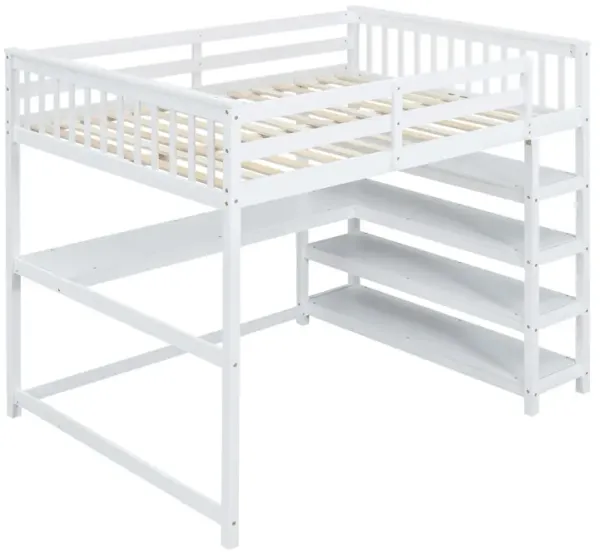 Merax Full Size Loft Bed with Storage Shelves and Under-bed Desk