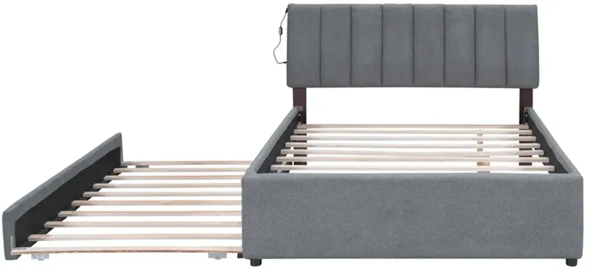 Merax Teddy Fleece Upholstered Platform Bed with Trundle