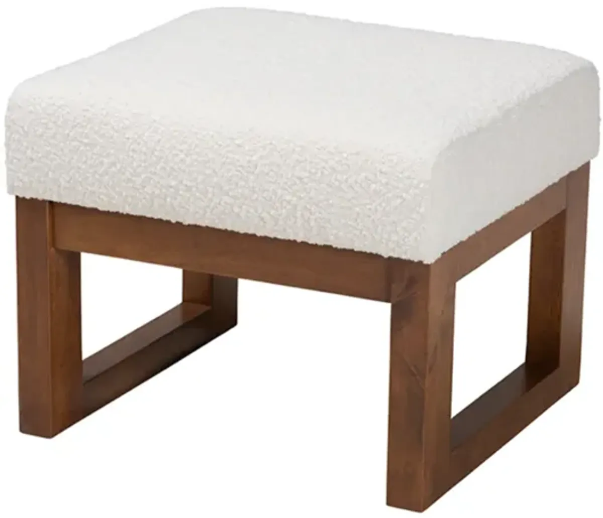 Baxton Studio Yashiya Mid-Century Modern Off-White Boucle Upholstered and Walnut Brown Finished Wood Ottoman Footstool