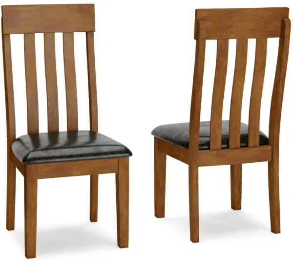 Raly Dining Side Chair Set of 2, Brown Faux Leather Seat, Slated Back - Benzara