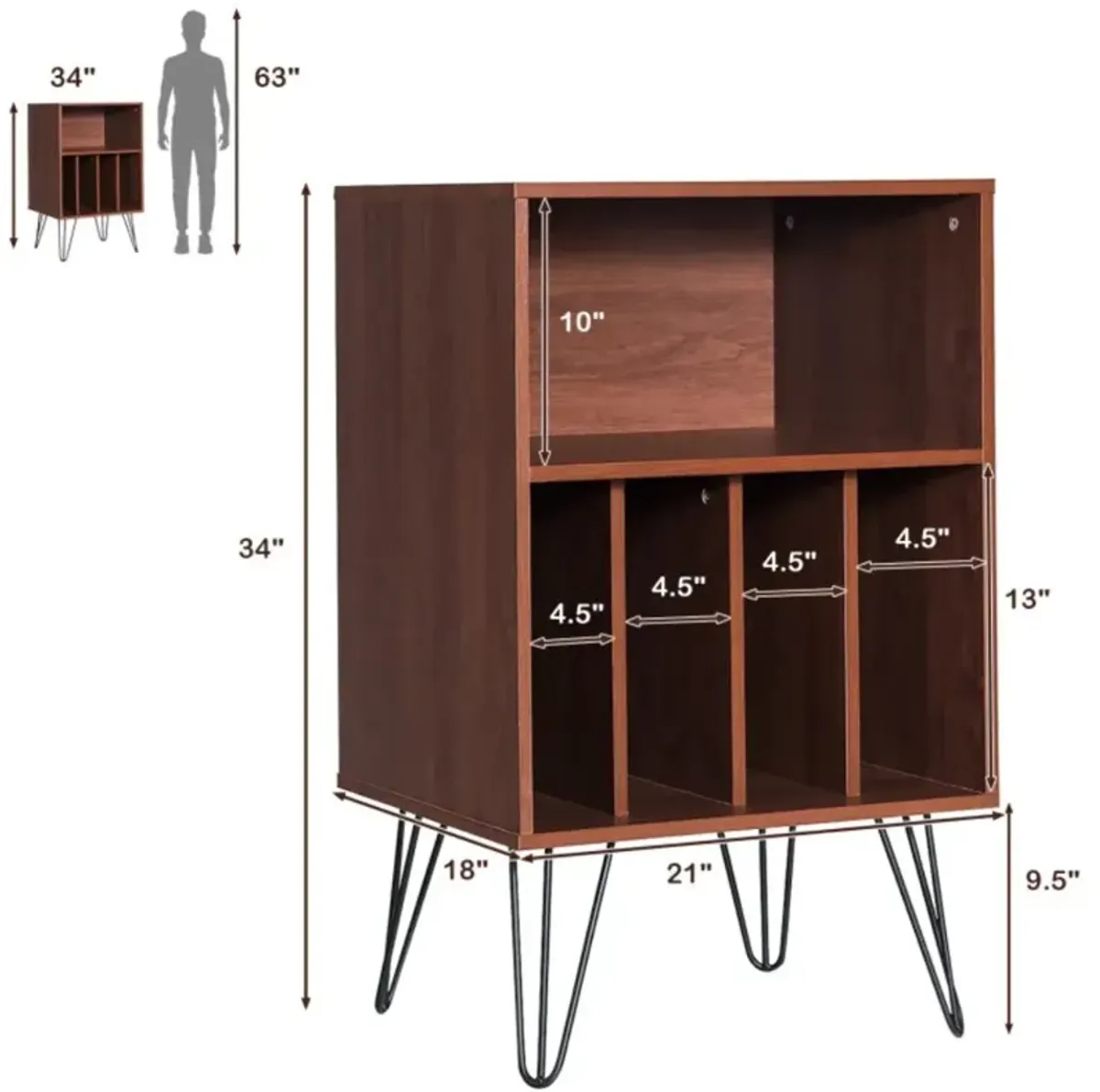 Hivvago Freestanding Record Player Stand Record Storage Cabinet with Metal Legs