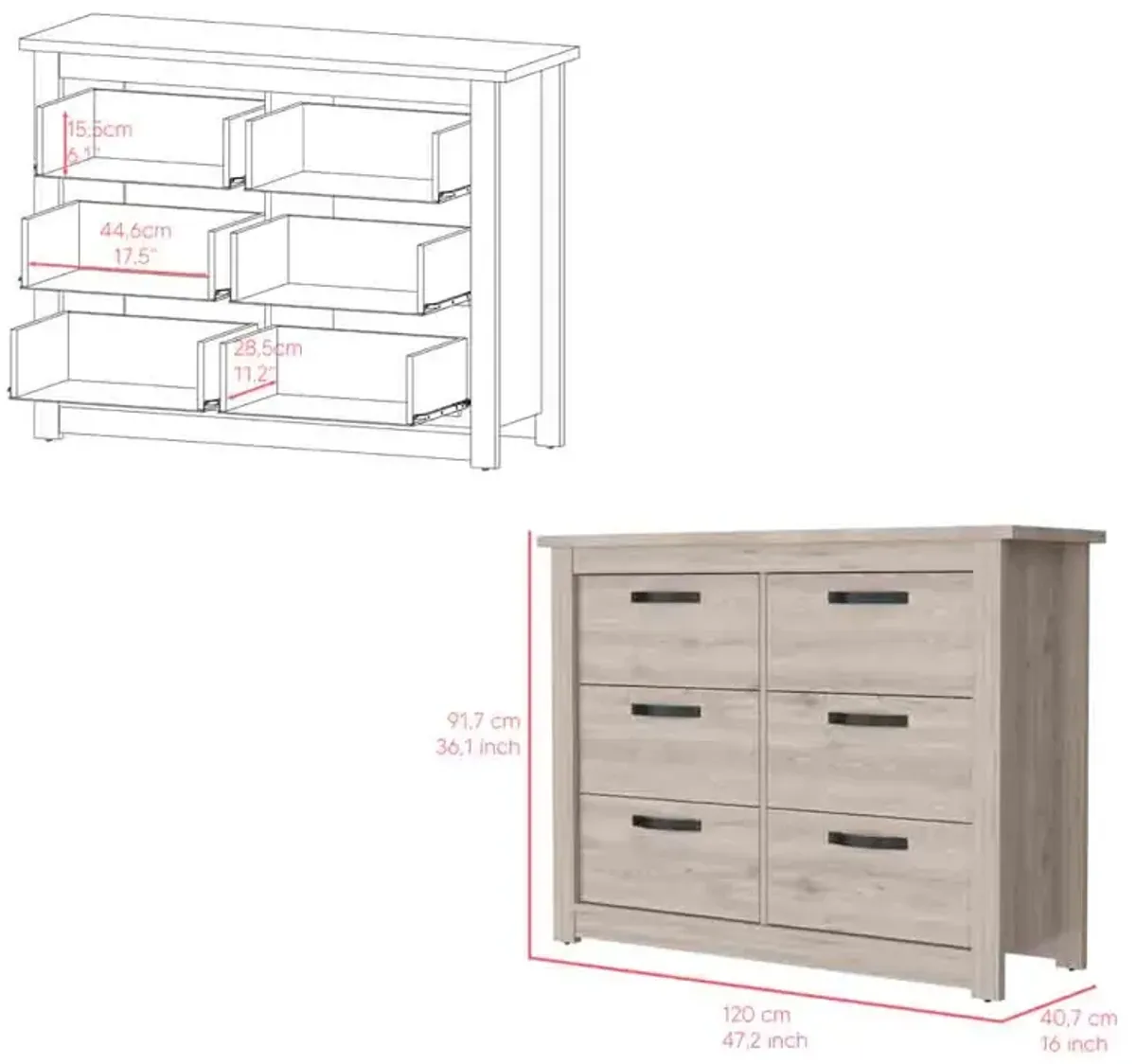 6 Drawer Double Dresser Toret, Bedroom, Light Gray