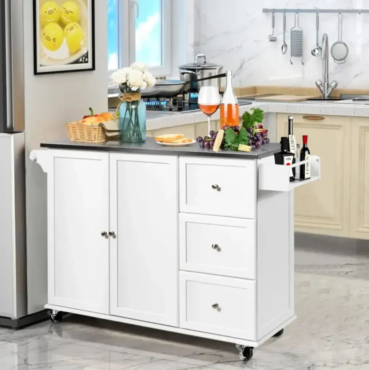 Hivvago Kitchen Island 2-Door Storage Cabinet with Drawers and Stainless Steel Top