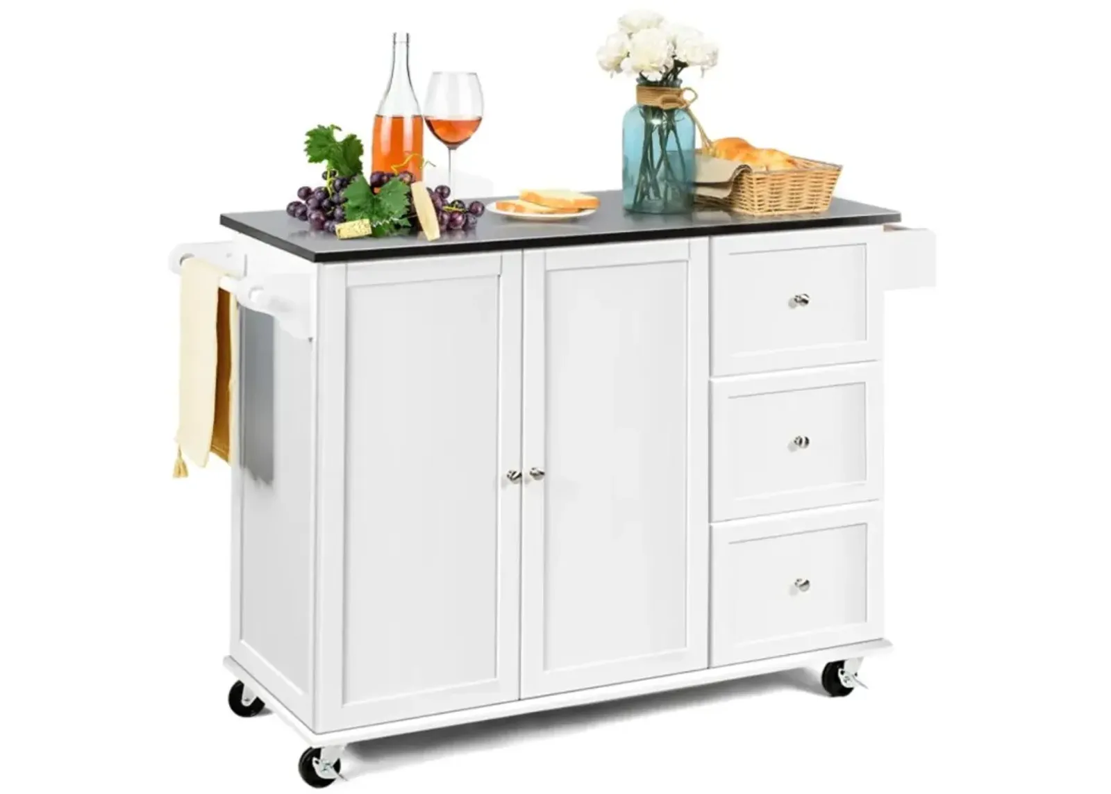 Hivvago Kitchen Island 2-Door Storage Cabinet with Drawers and Stainless Steel Top