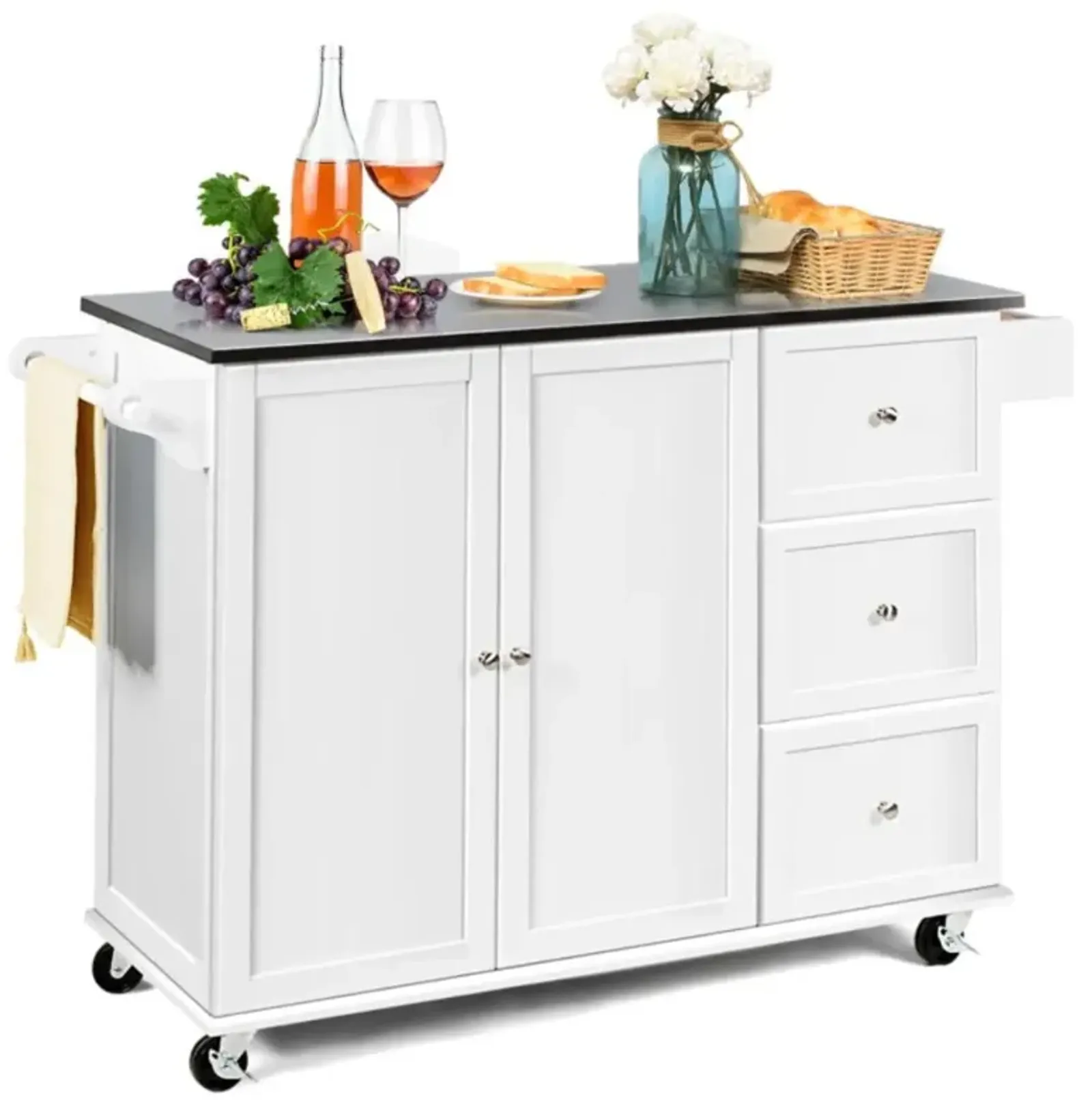 Hivvago Kitchen Island 2-Door Storage Cabinet with Drawers and Stainless Steel Top