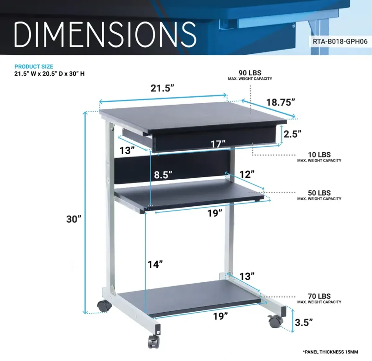 Rolling Laptop Cart with Storage, Graphite