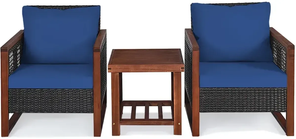 3 Pieces Patio Wicker Furniture Set with Washable Cushion and Acacia Wood Coffee Table