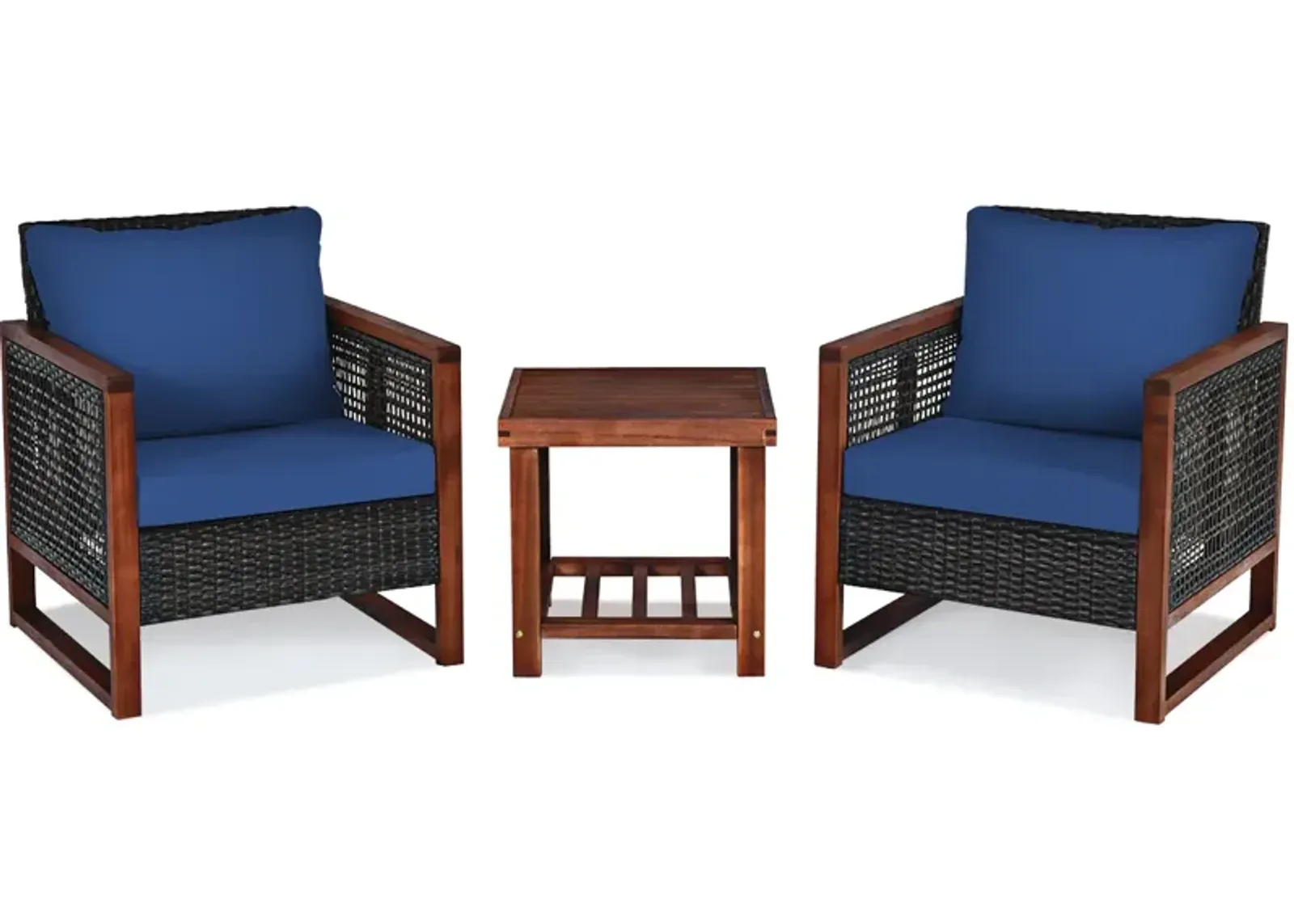 3 Pieces Patio Wicker Furniture Set with Washable Cushion and Acacia Wood Coffee Table