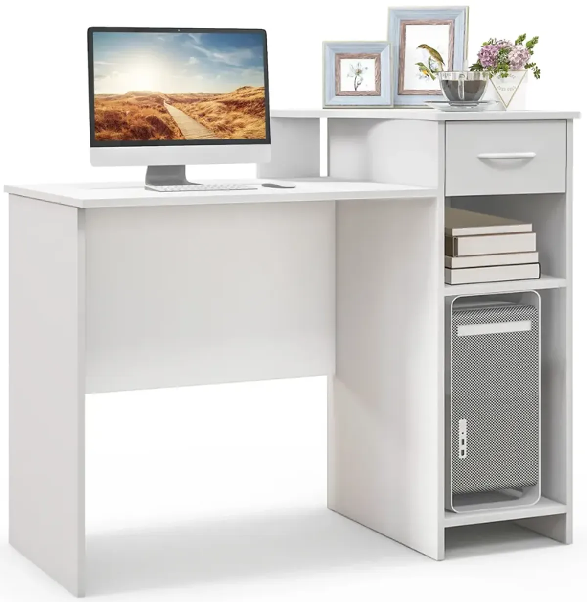 Computer Desk Modern Laptop PC Desk with Adjustable Shelf and Cable Hole-White