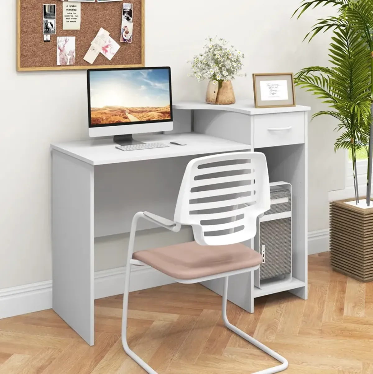 Computer Desk Modern Laptop PC Desk with Adjustable Shelf and Cable Hole-White