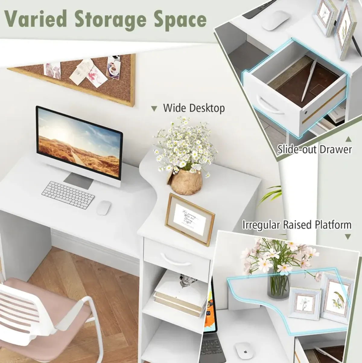 Computer Desk Modern Laptop PC Desk with Adjustable Shelf and Cable Hole-White