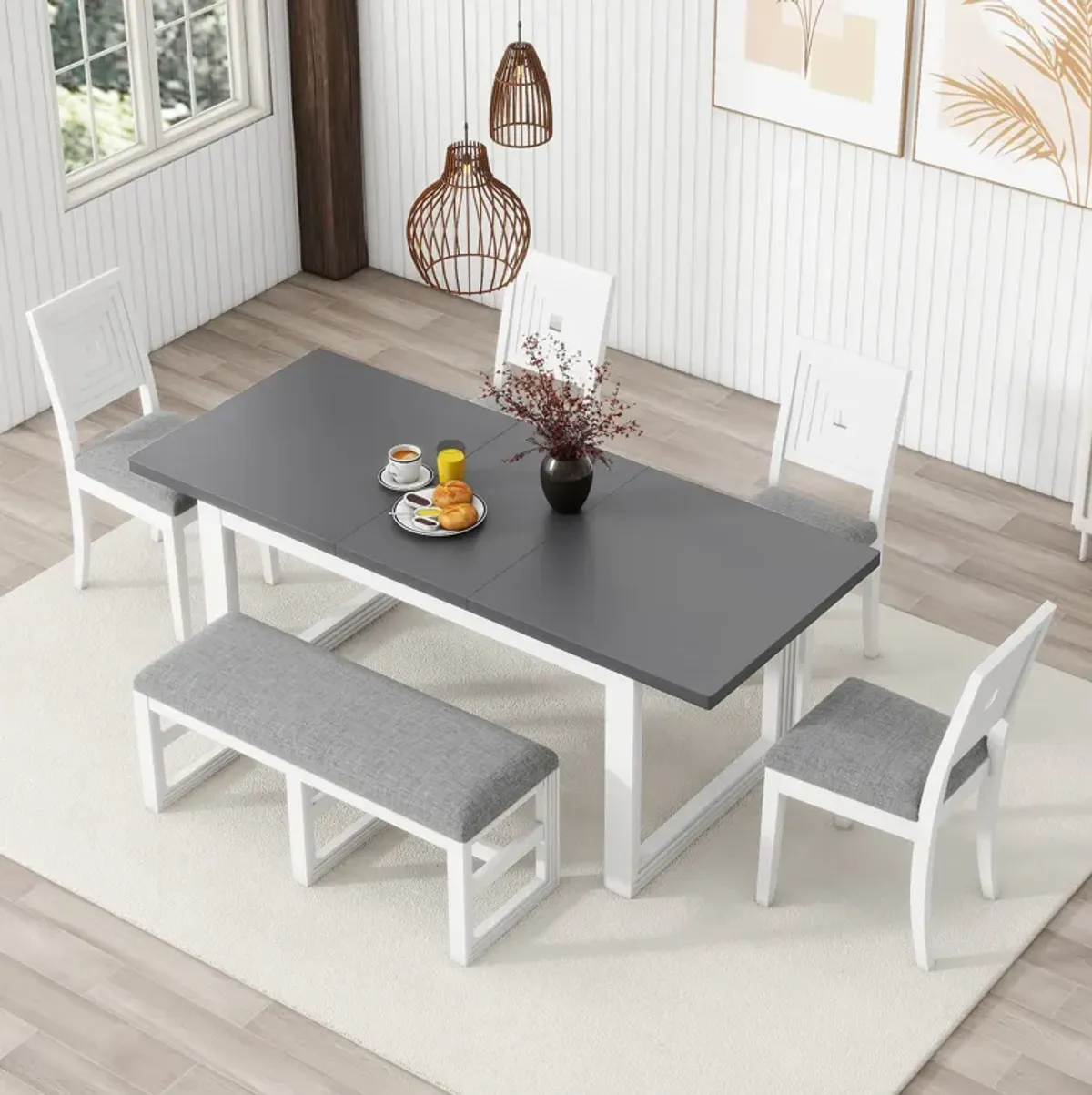 MONDAWE Modern 78inch 6-Piece Extendable Butterfly Leaf Style Dining Table Set, 4 Upholstered Dining Chairs and Long Bench