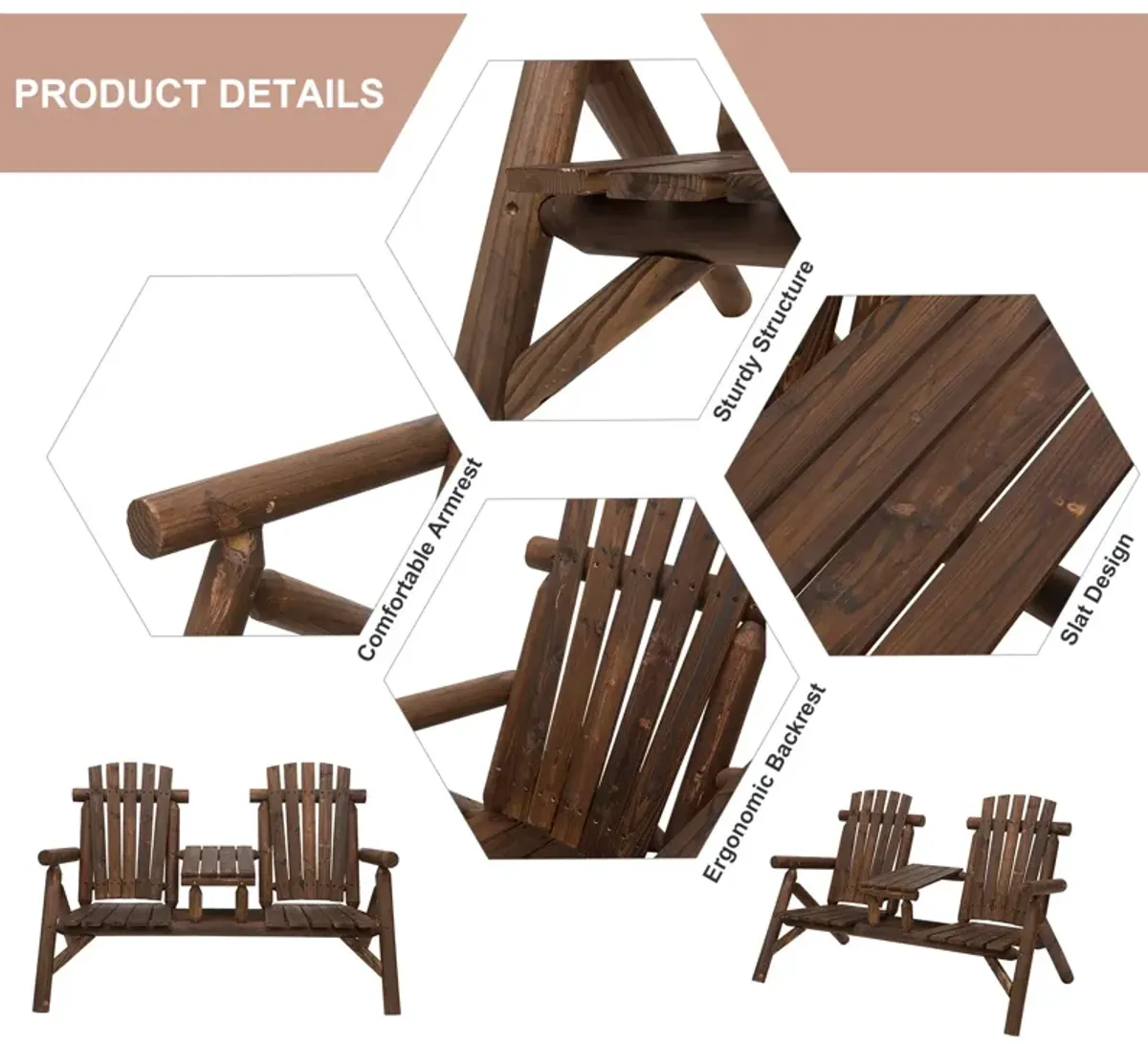 Carbonized Outdoor Duo: Wood Adirondack Chair Bench with Center Table