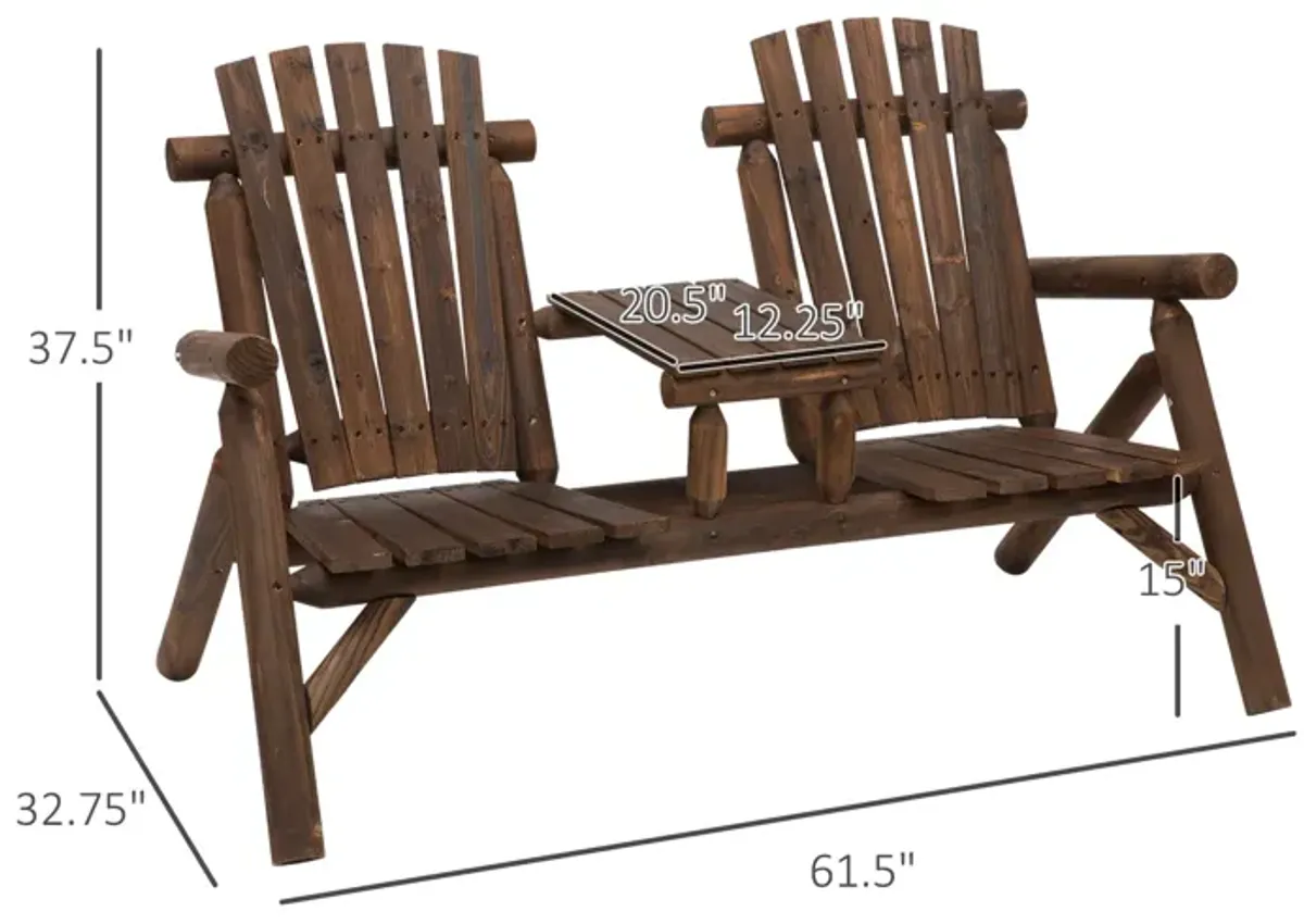 Carbonized Outdoor Duo: Wood Adirondack Chair Bench with Center Table