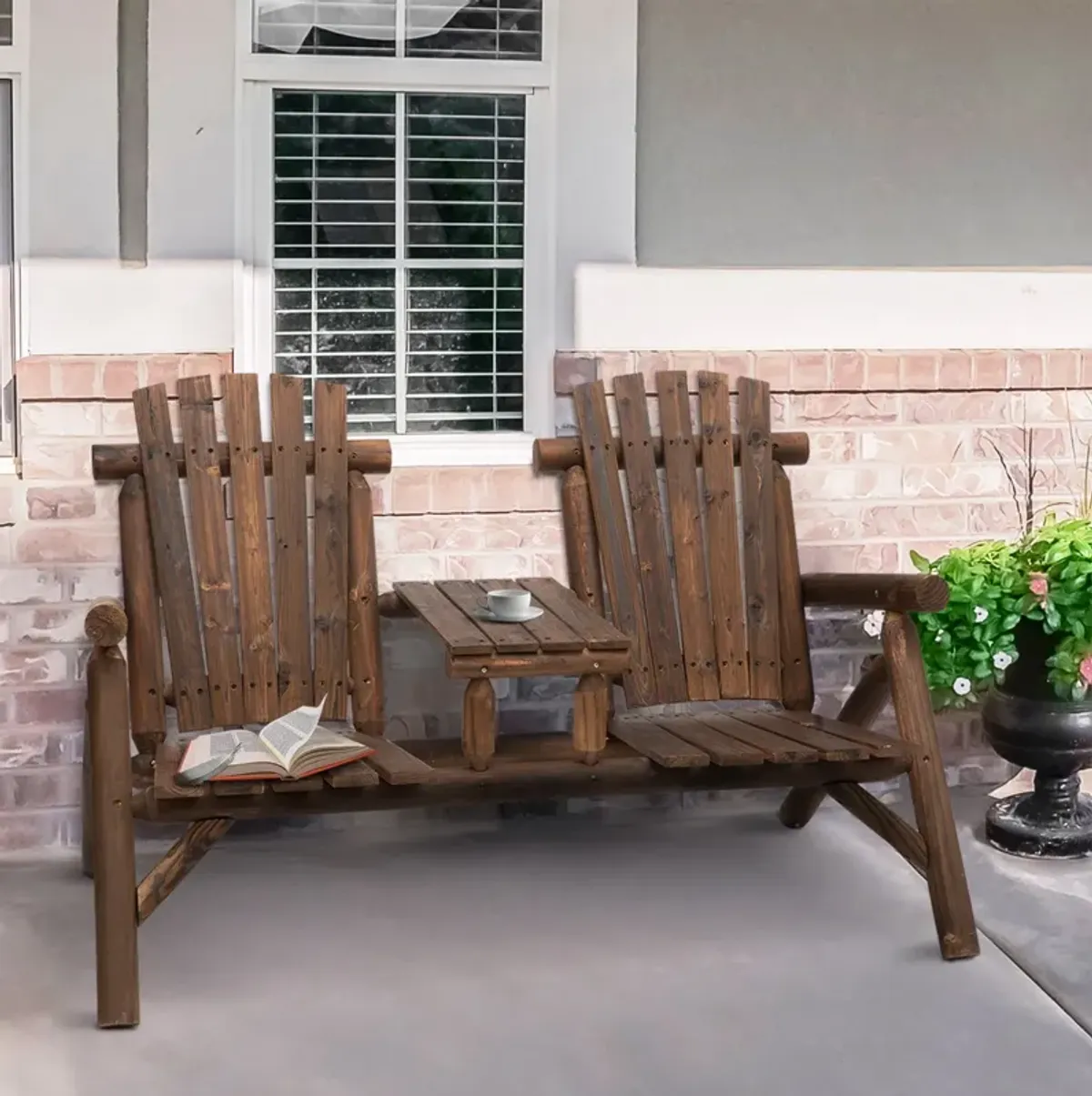 Carbonized Outdoor Duo: Wood Adirondack Chair Bench with Center Table