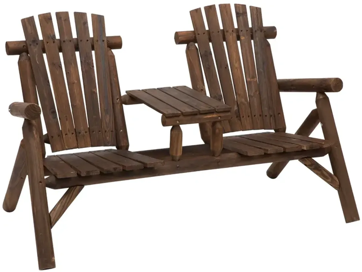 Carbonized Outdoor Duo: Wood Adirondack Chair Bench with Center Table