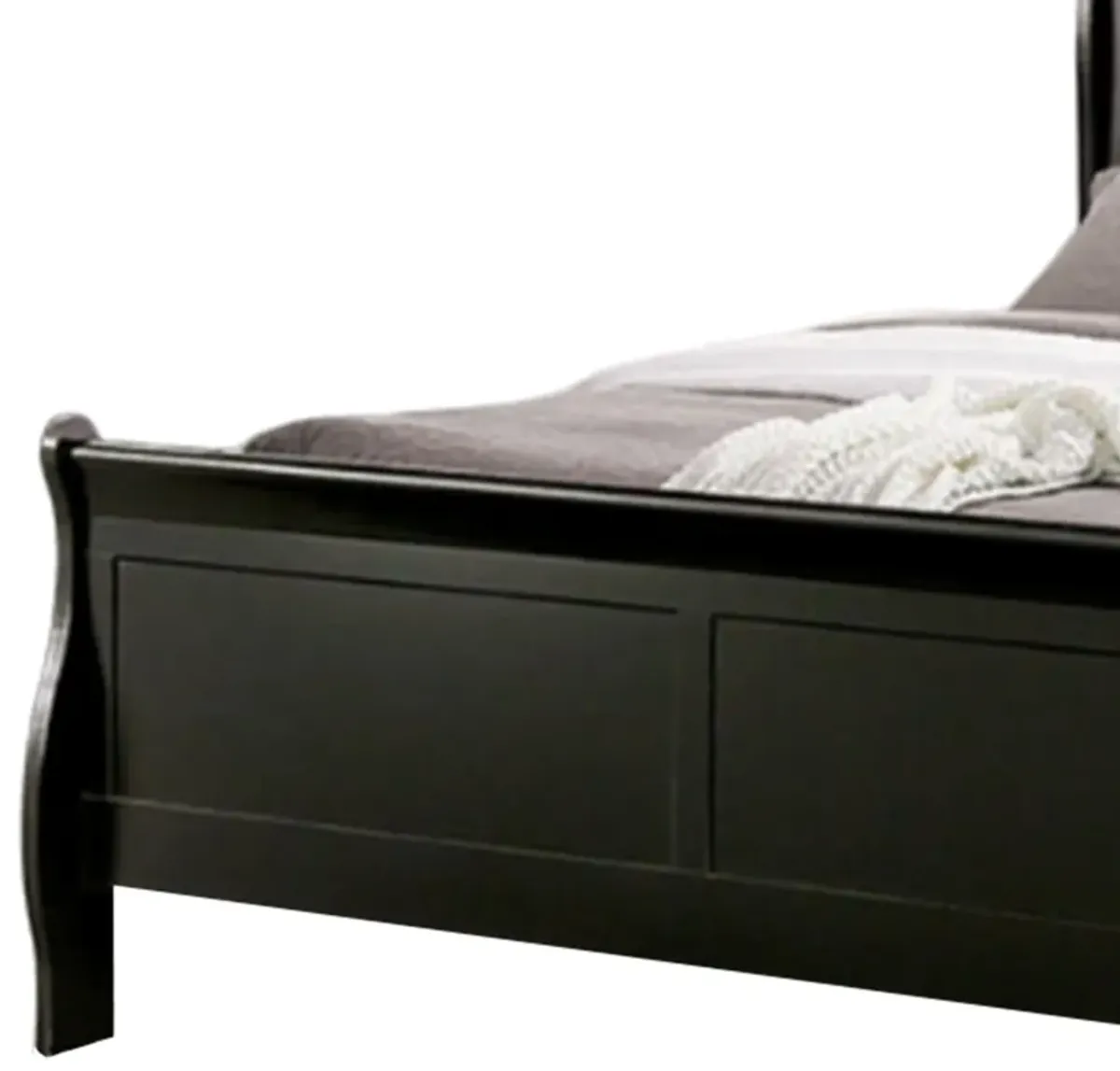 Ryla Queen Size Bed, Classic Sleigh Panel Headboard, Black Solid Wood