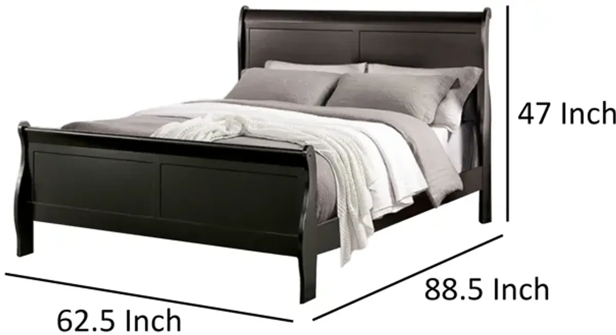 Ryla Queen Size Bed, Classic Sleigh Panel Headboard, Black Solid Wood