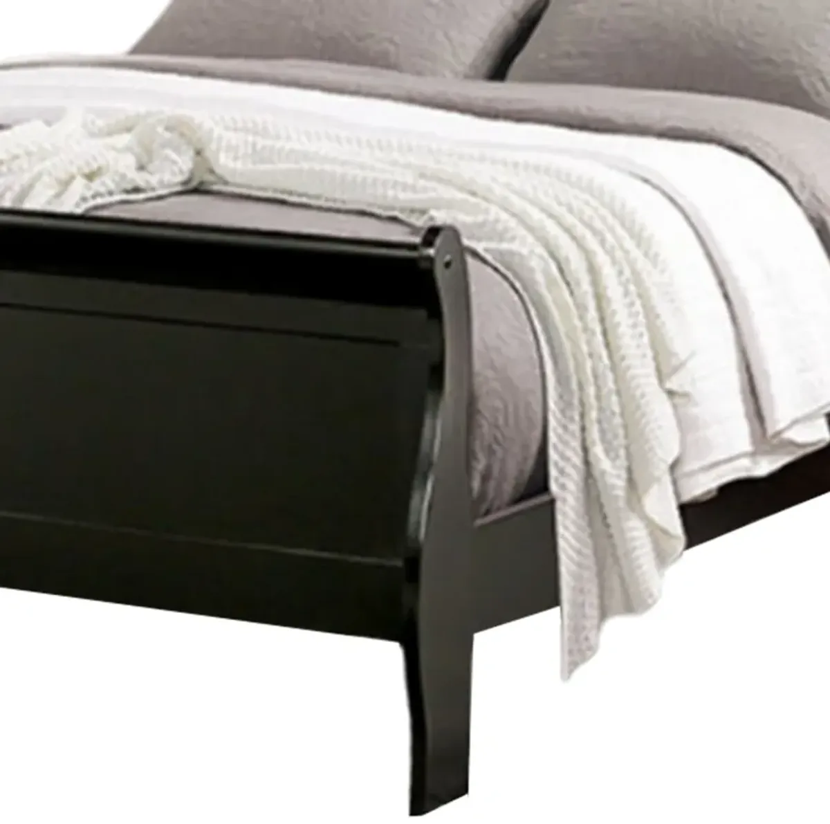 Ryla Queen Size Bed, Classic Sleigh Panel Headboard, Black Solid Wood