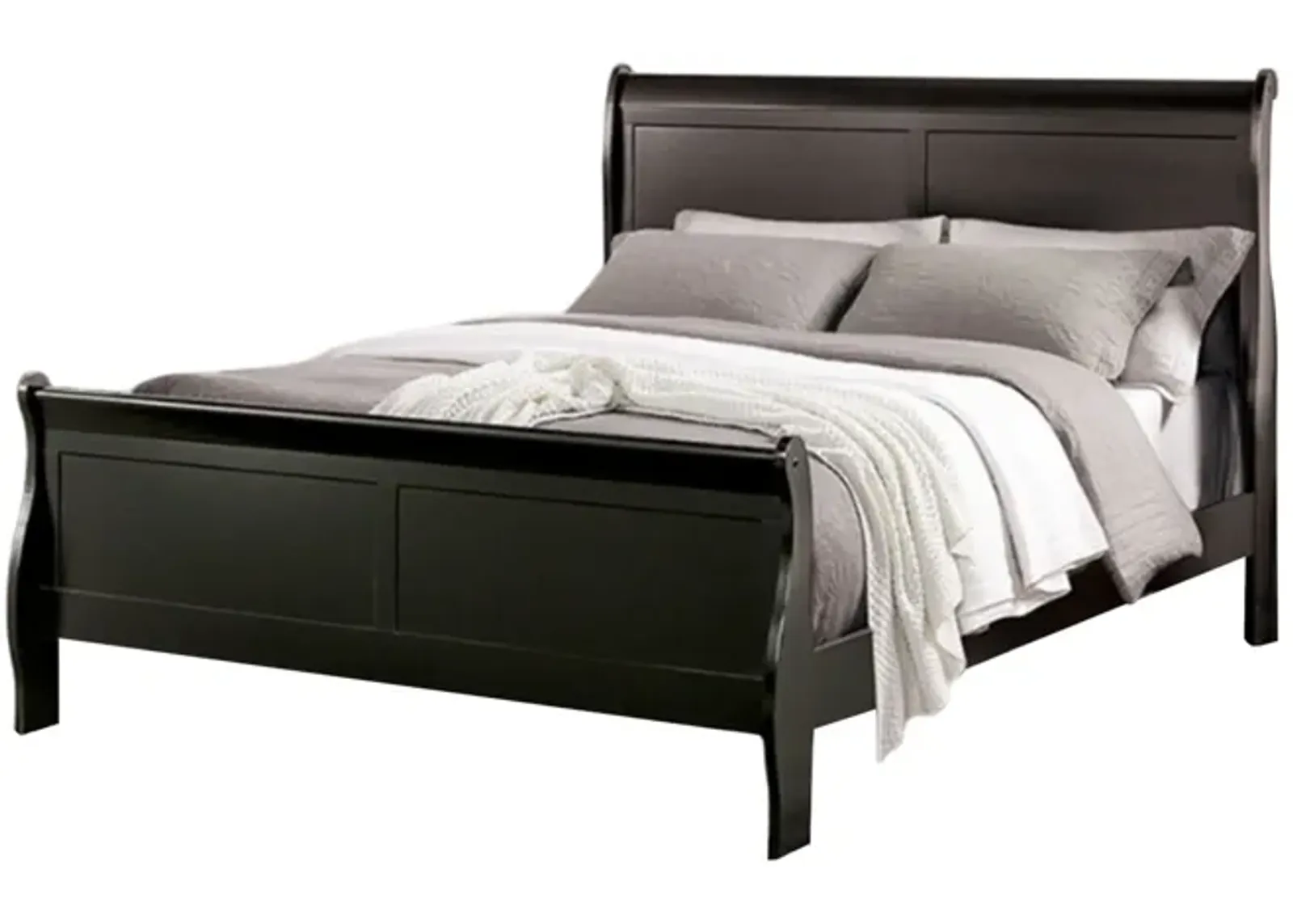 Ryla Queen Size Bed, Classic Sleigh Panel Headboard, Black Solid Wood