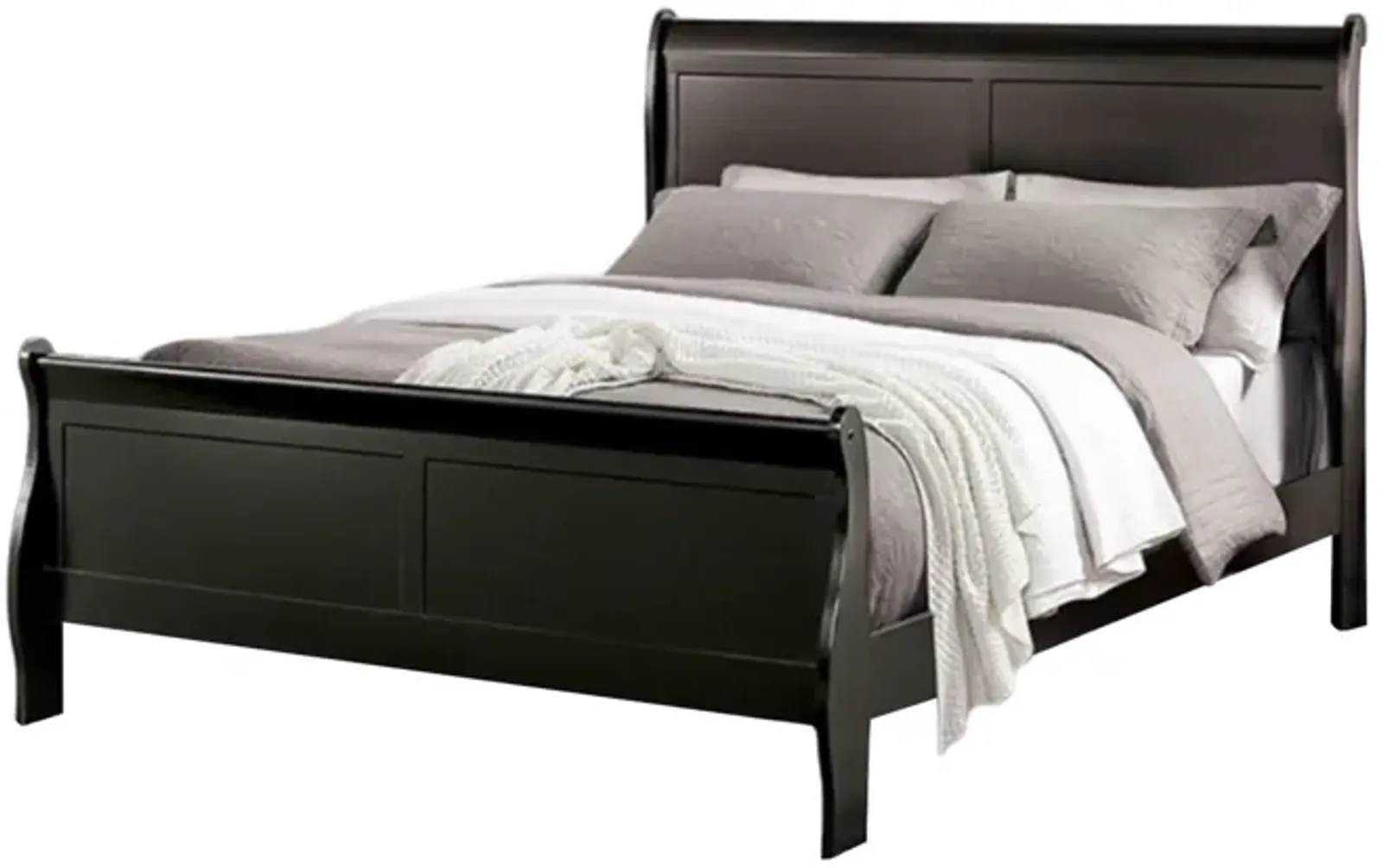 Ryla Queen Size Bed, Classic Sleigh Panel Headboard, Black Solid Wood