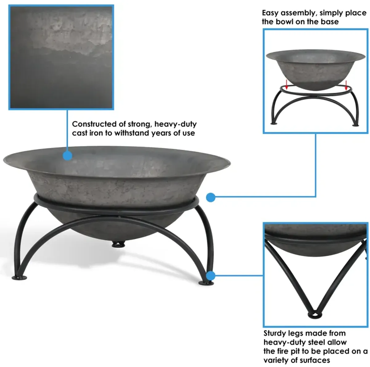 Sunnydaze 23.5 in Cast Iron Fire Pit Bowl with Stand - Dark Gray